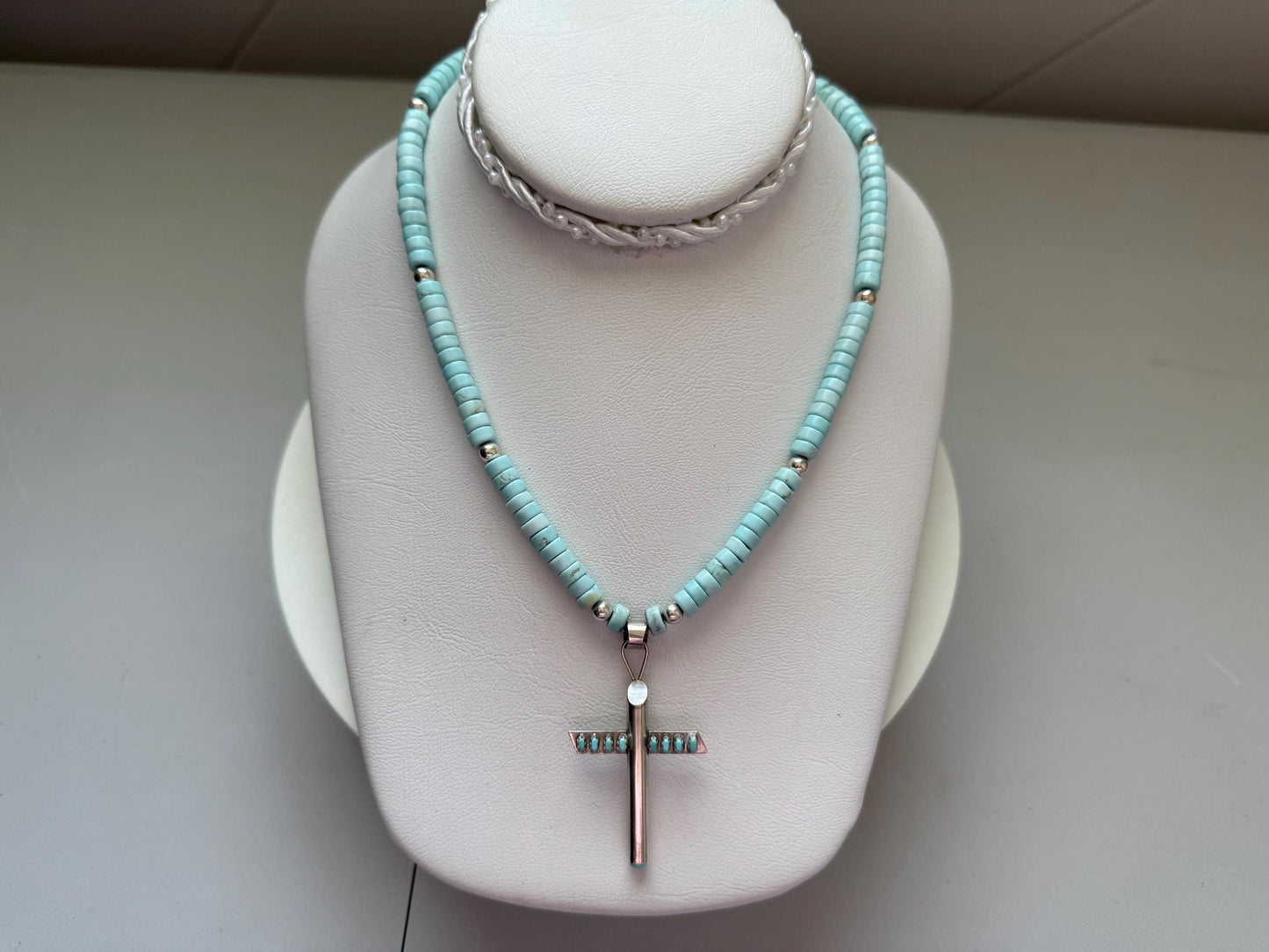 Vintage Sterling Silver Cross necklace. Handmade Turquoise Heishi Necklace. Bezel Set Turquoise cross.OOAK.RWAG