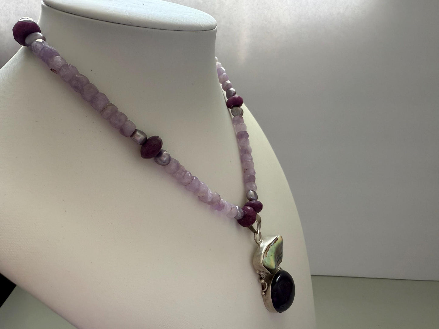 Vintage Abalone Shell and Amethyst Pendant Necklace. Pearls , Ruby, Lavender Amethyst and Sterling Silver Necklace.