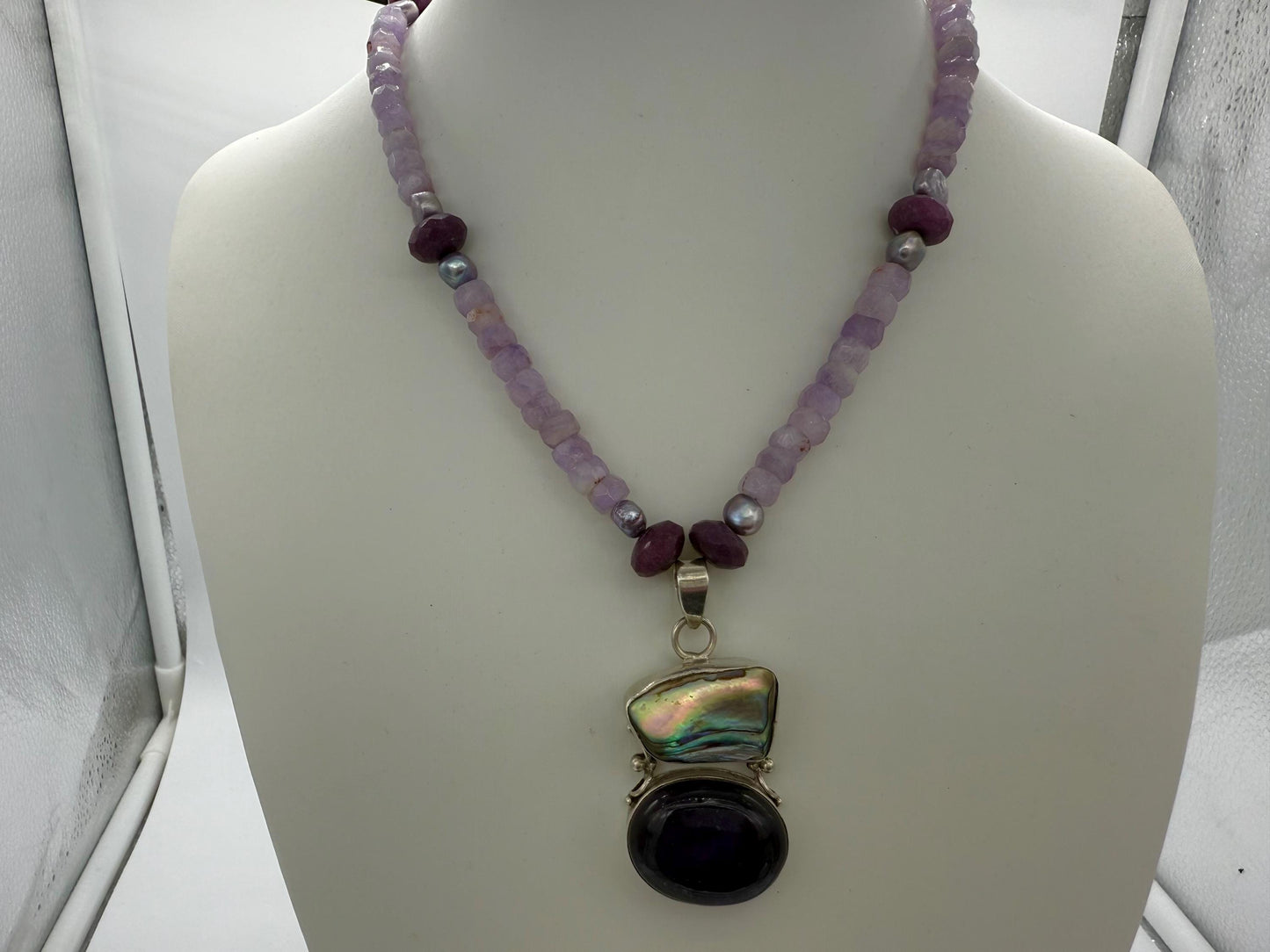 Vintage Abalone Shell and Amethyst Pendant Necklace. Pearls , Ruby, Lavender Amethyst and Sterling Silver Necklace.