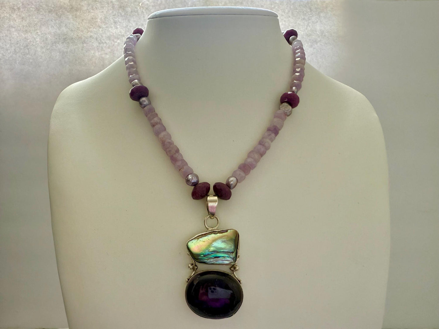 Vintage Abalone Shell and Amethyst Pendant Necklace. Pearls , Ruby, Lavender Amethyst and Sterling Silver Necklace.