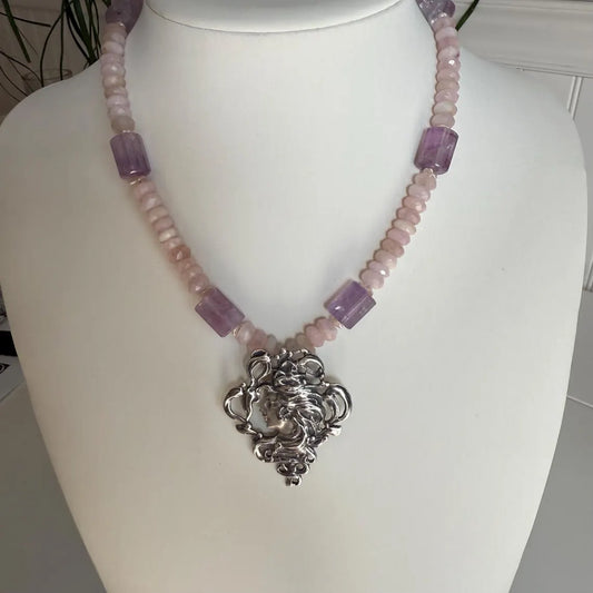 Vintage Art Nouveau Pendant Necklace. Sterling Silver Amethyst Rose Quartz Freshwater Pearls Necklace.