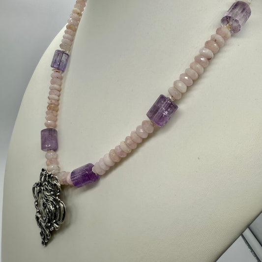 Vintage Art Nouveau Pendant Necklace.  Sterling Silver Amethyst Rose Quartz Freshwater Pearls Necklace.