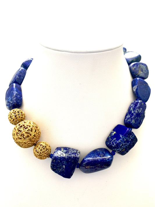 Blue Lapis Lazuli. Vintage Gold Filigree beads. Toggle clasp. Healing stones. OOAK. Handmade. Vintique10 creation.