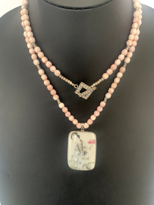Vintage Chinese Shard Hand Painted Pendant Of Lady. Sterling Silver. Pink Czechoslovakian Glass Beads 34 inches Long. OOAK.