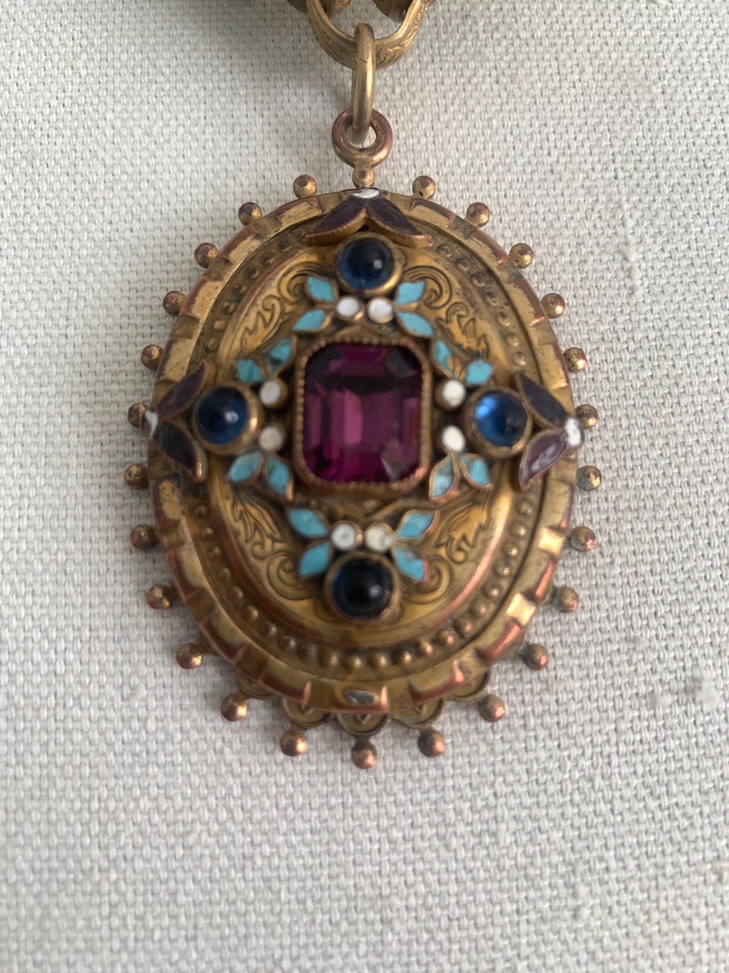 Vintage Chunky Matte Gold Rolo Chain. Pendant with Purple and Blue Stones. Enamel Painted Detail in Purple Blue and White.