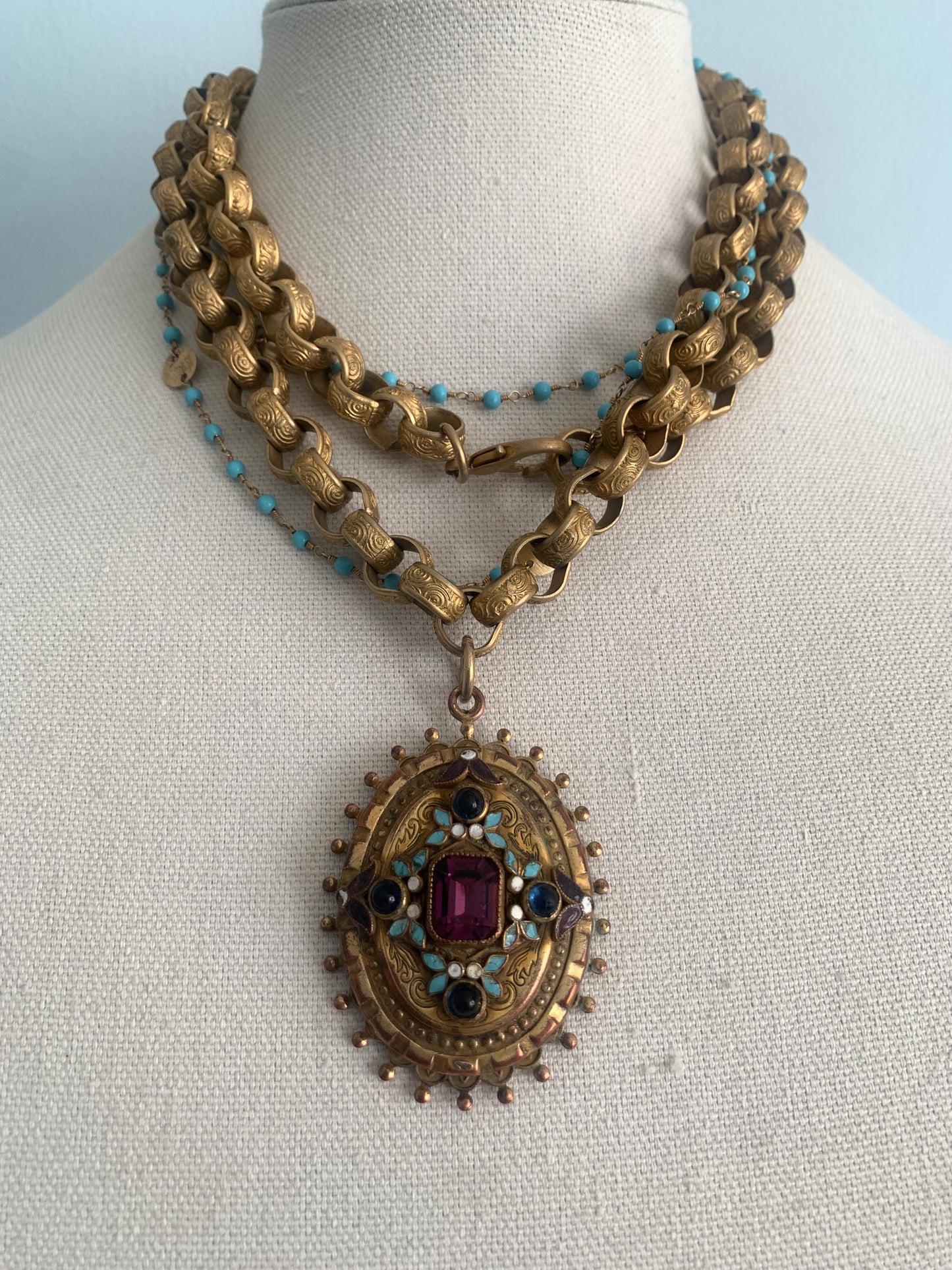 Vintage Chunky Matte Gold Rolo Chain. Pendant with Purple and Blue Stones. Enamel Painted Detail in Purple Blue and White.