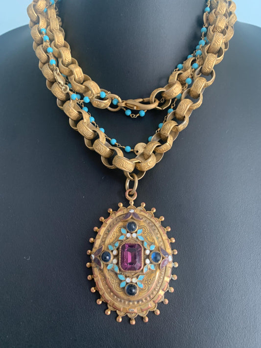 Vintage Chunky Matte Gold Rolo Chain. Pendant with Purple and Blue Stones. Enamel Painted Detail in Purple Blue and White.