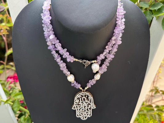 Hamsa. Amythyst. Barouge Pearls. Sterling Silver. Crystals. Long Strand or Double Strand.Pendant.OOAK. Handmade.
