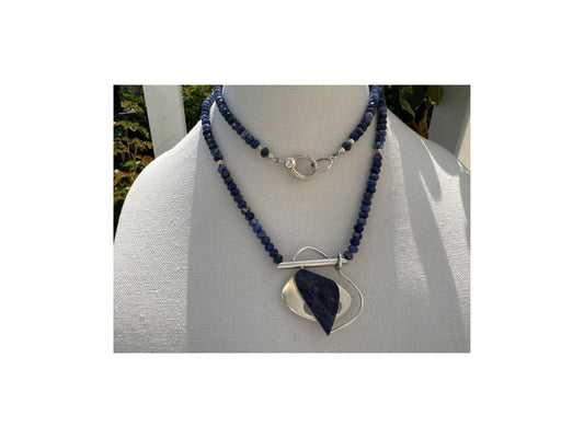 Contemporary. Sodalite. Cabochon. Sterling Silver Pendant. Faceted Blue Sodalite Beads. Long Necklace. Can be Doubled. Modern.OOAK