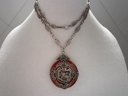 Vintage Carnelian Dragon Pendant Necklace. Long Sterling Silver Chain Necklace.