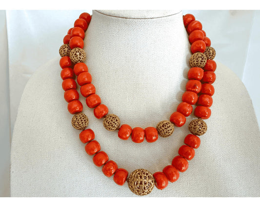 Coral Bamboo Vintage Gold Baubles Double Strand Vintage Necklace OOAK