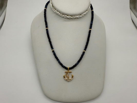 Anchor. Gold Tone Diamanté Crystals. Sodalite Beaded Necklace.