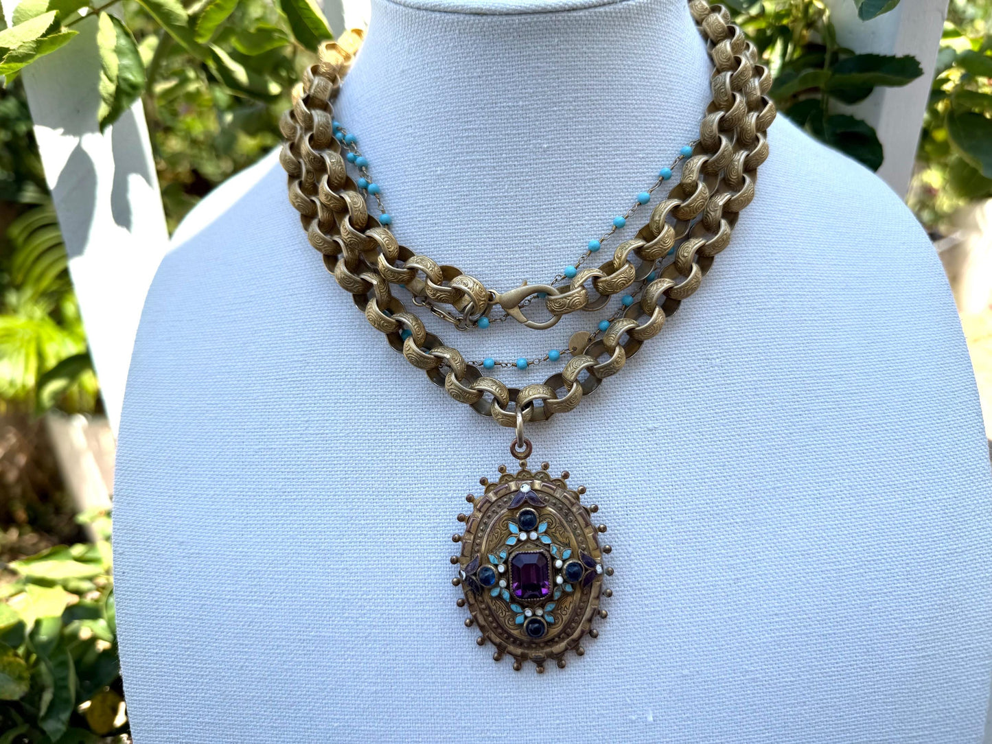 Vintage Chunky Matte Gold Rolo Chain. Pendant with Purple and Blue Stones. Enamel Painted Detail in Purple Blue and White.