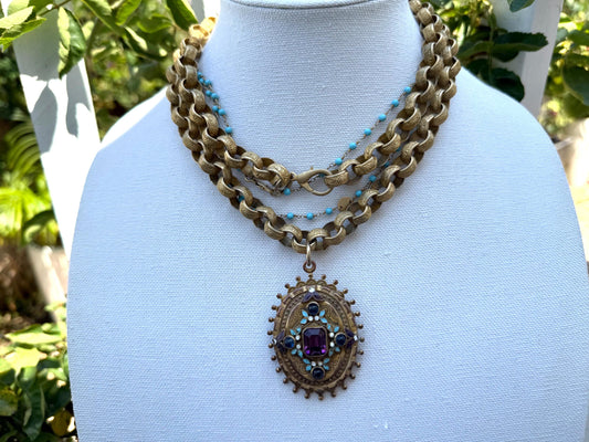 Vintage Chunky Matte Gold Rolo Chain. Pendant with Purple and Blue Stones. Enamel Painted Detail in Purple Blue and White.