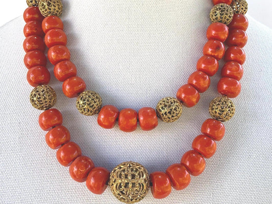 Coral Bamboo Vintage Gold Baubles Double Strand Vintage Necklace OOAK