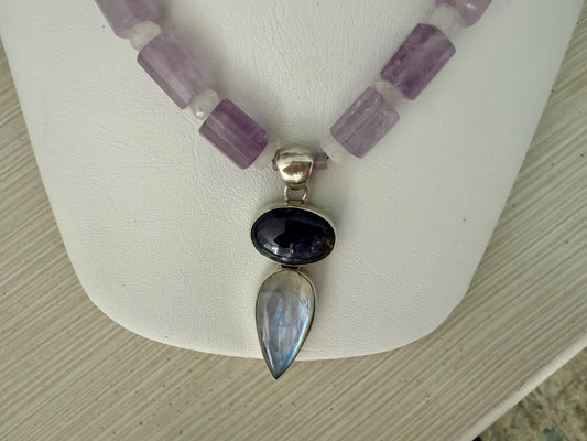 Amethyst Rainbow Moonstone Sterling Silver Pendant Necklace.