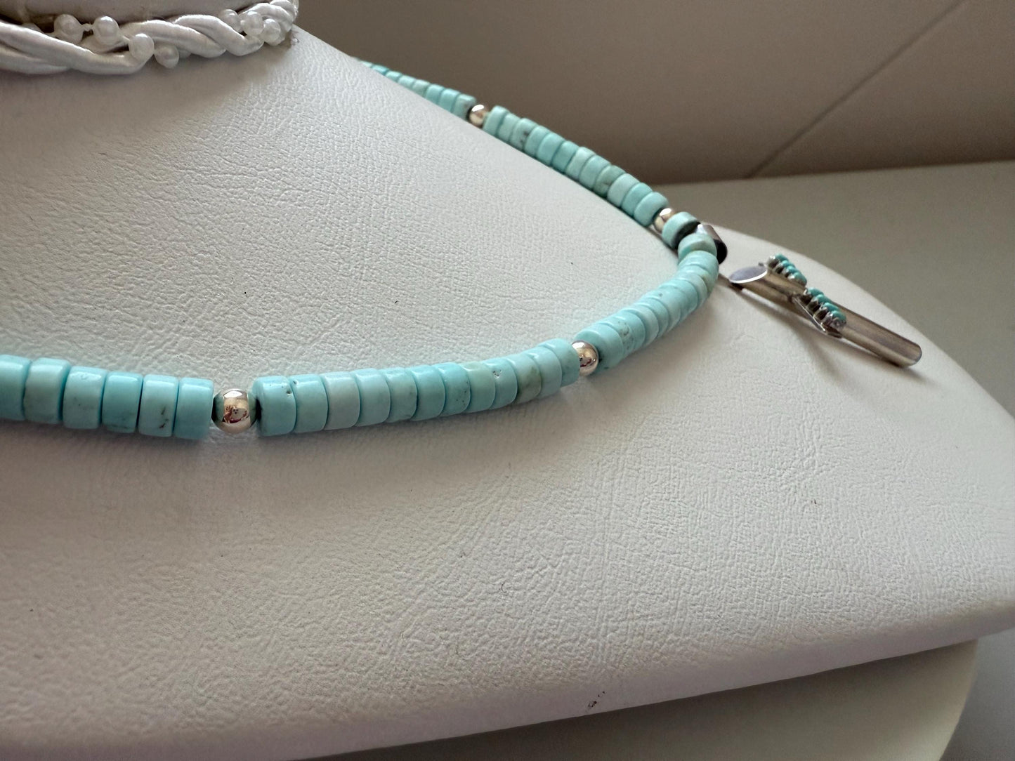 Vintage Sterling Silver Cross necklace. Handmade Turquoise Heishi  Necklace. Bezel Set Turquoise cross.OOAK.RWAG