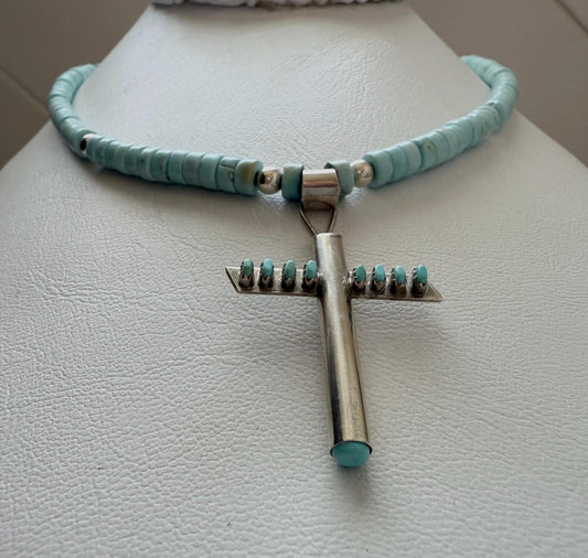 Vintage Sterling Silver Cross necklace. Handmade Turquoise Heishi  Necklace. Bezel Set Turquoise cross.OOAK.RWAG