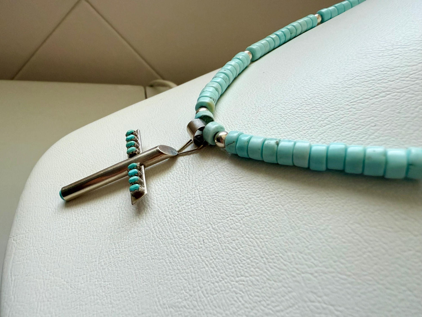 Vintage Sterling Silver Cross necklace. Handmade Turquoise Heishi  Necklace. Bezel Set Turquoise cross.OOAK.RWAG