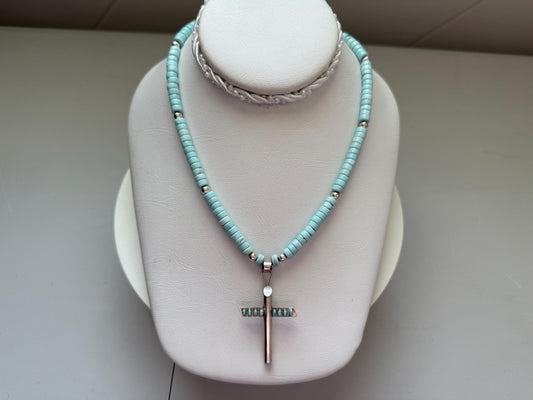Vintage Sterling Silver Cross necklace. Handmade Turquoise Heishi  Necklace. Bezel Set Turquoise cross.OOAK.RWAG