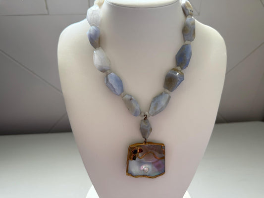 Blue Lace Agate Nugget Necklace. Shell Pendant Necklace Nucleated Pearl.