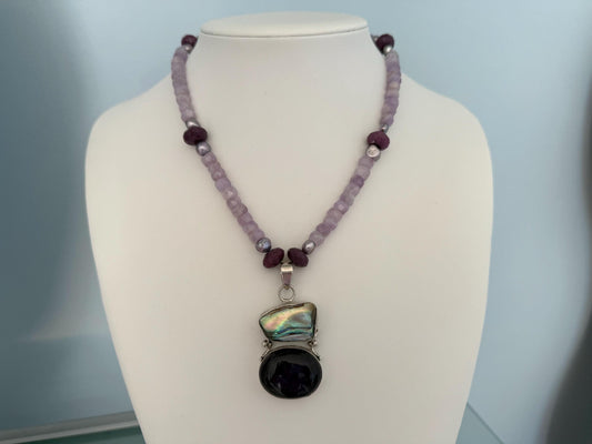 Vintage Abalone Shell and Amethyst Pendant Necklace. Pearls , Ruby, Lavender Amethyst and Sterling Silver Necklace.